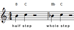 B to C is a half step, and Bb to C is a whole step